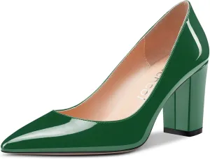 Aachcol Women Pumps Pointed Toe Slip on Mid Heel Dress Office Chunky Block Heels Shoes 3 Inches