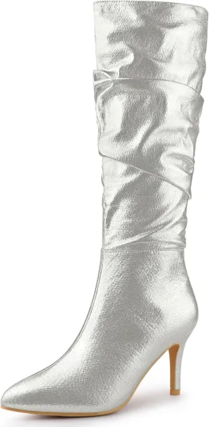 Allegra K Women's Pointed Toe Slouch Stiletto Heels Knee High Boots