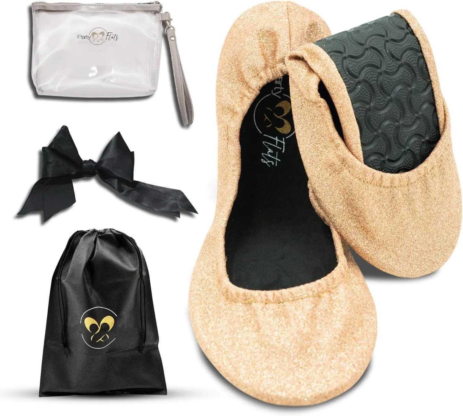 Ballet Slippers for Women | Foldable Ballerina Shoes for Purse with Heels Bag and Hair Bow | Comfortable for Travel Concert, Stylish Evening Dress | Stretchy for Wide Width and Narrow Feet