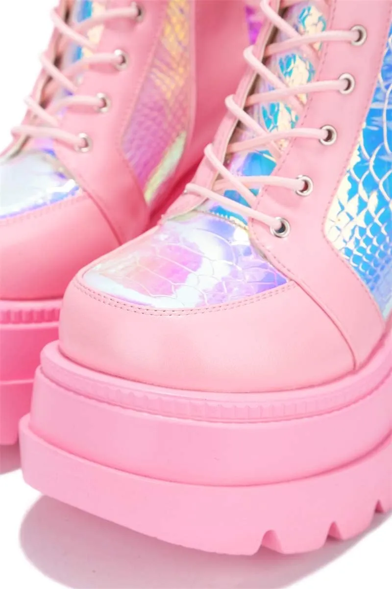 Cape Robbin Radio Holographic Platform Ankle Boots with Chunky Block Heels for Women