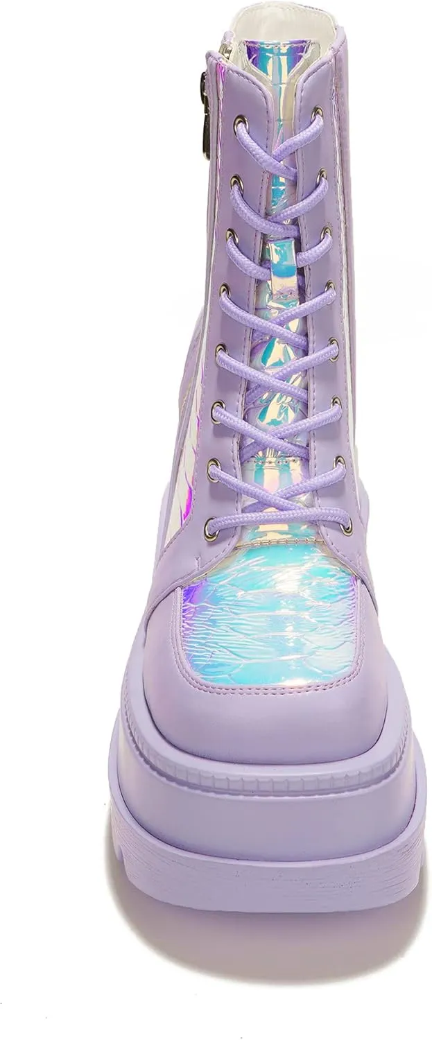 Cape Robbin Radio Holographic Platform Ankle Boots with Chunky Block Heels for Women