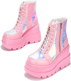 Cape Robbin Radio Holographic Platform Ankle Boots with Chunky Block Heels for Women