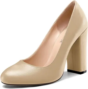 Castamere Women's High Block Heel Pumps Slip On Classic Round Toe Heels Wedding Party Dress Office Shoes 10CM