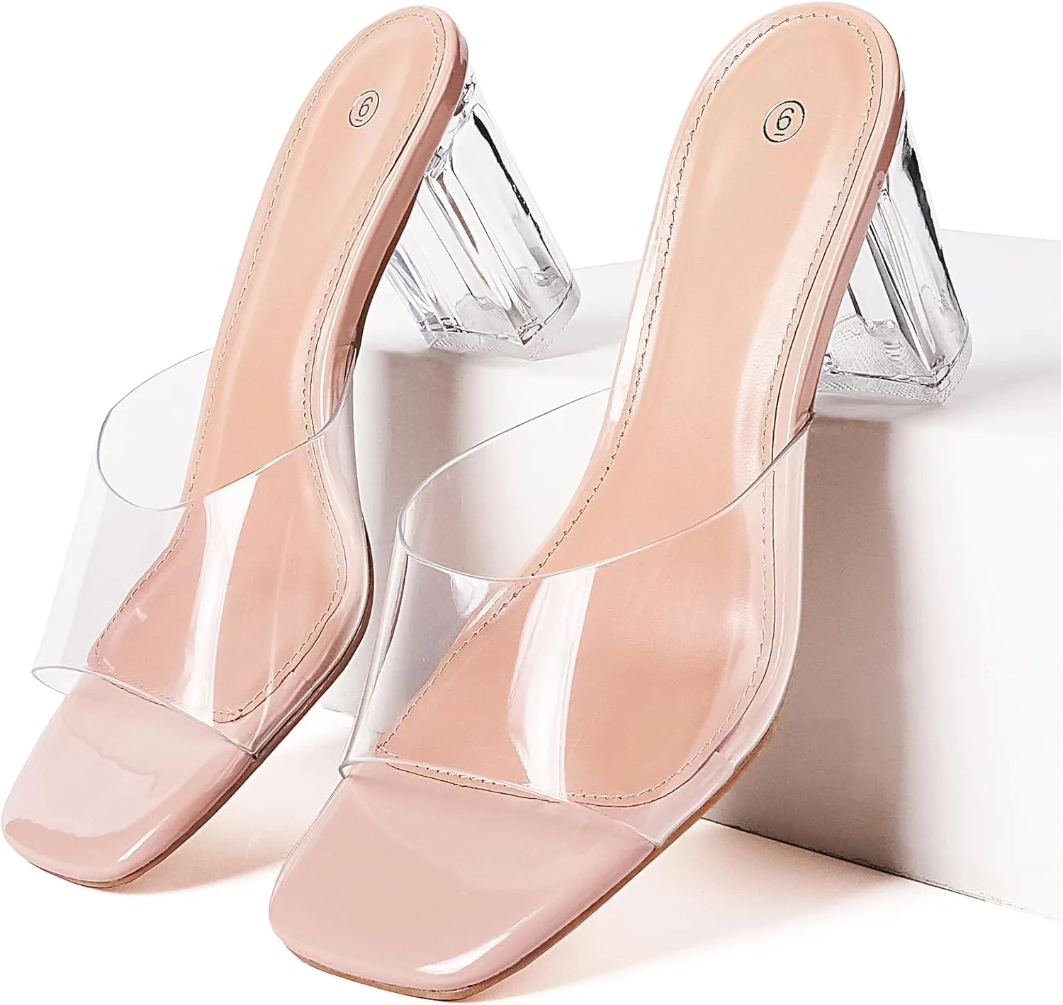 Clear Heels for Women Transparent Rhinestone Strap Block Chunky Square Heel Sandals Open Toe Slip On Sandals