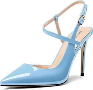 DearOnly Womens Sexy Slingback Ankle Strap Buckle Pumps High Stiletto Heel Close Pointed Toe Patent Leather Wedding Prom Shoes 3.9 Inches Heels