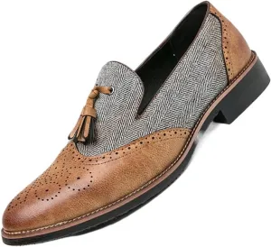 Dress Shoes for Men Men's Semi-Formal Leather Tassel Loafers Casual Brogue Flats with Carved Design