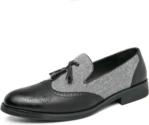 Dress Shoes for Men Men's Semi-Formal Leather Tassel Loafers Casual Brogue Flats with Carved Design