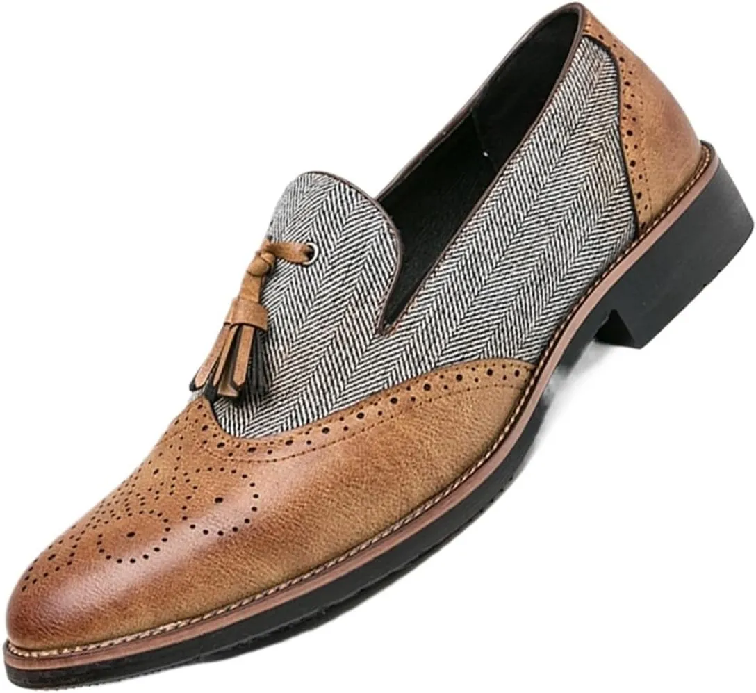 Dress Shoes for Men Men's Semi-Formal Leather Tassel Loafers Casual Brogue Flats with Carved Design