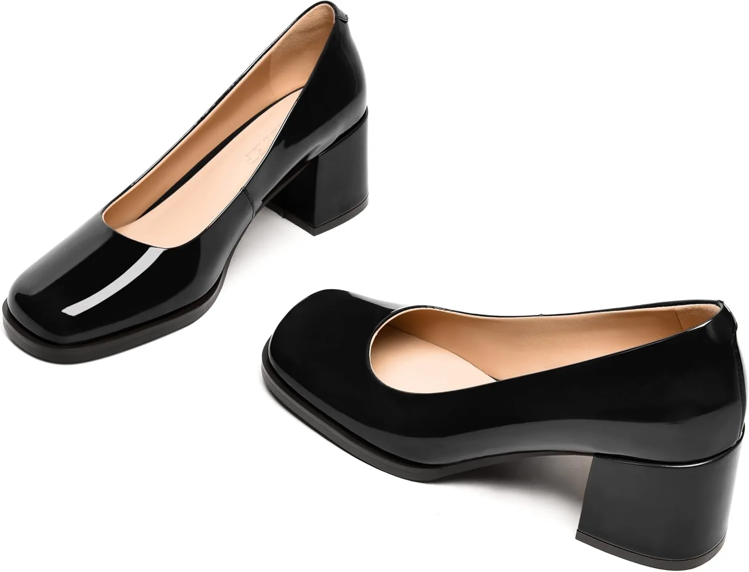 FEMSTEP Womens Patent Leather Slip On Dating Square Toe Cute Block Mid Heel Pumps Shoes 2.5 Inch