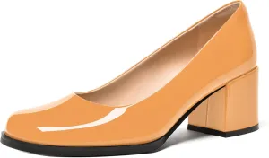 FEMSTEP Womens Patent Leather Slip On Dating Square Toe Cute Block Mid Heel Pumps Shoes 2.5 Inch
