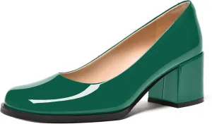 FEMSTEP Womens Patent Leather Slip On Dating Square Toe Cute Block Mid Heel Pumps Shoes 2.5 Inch