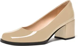 FEMSTEP Womens Patent Leather Slip On Dating Square Toe Cute Block Mid Heel Pumps Shoes 2.5 Inch