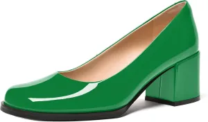 FEMSTEP Womens Patent Leather Slip On Dating Square Toe Cute Block Mid Heel Pumps Shoes 2.5 Inch