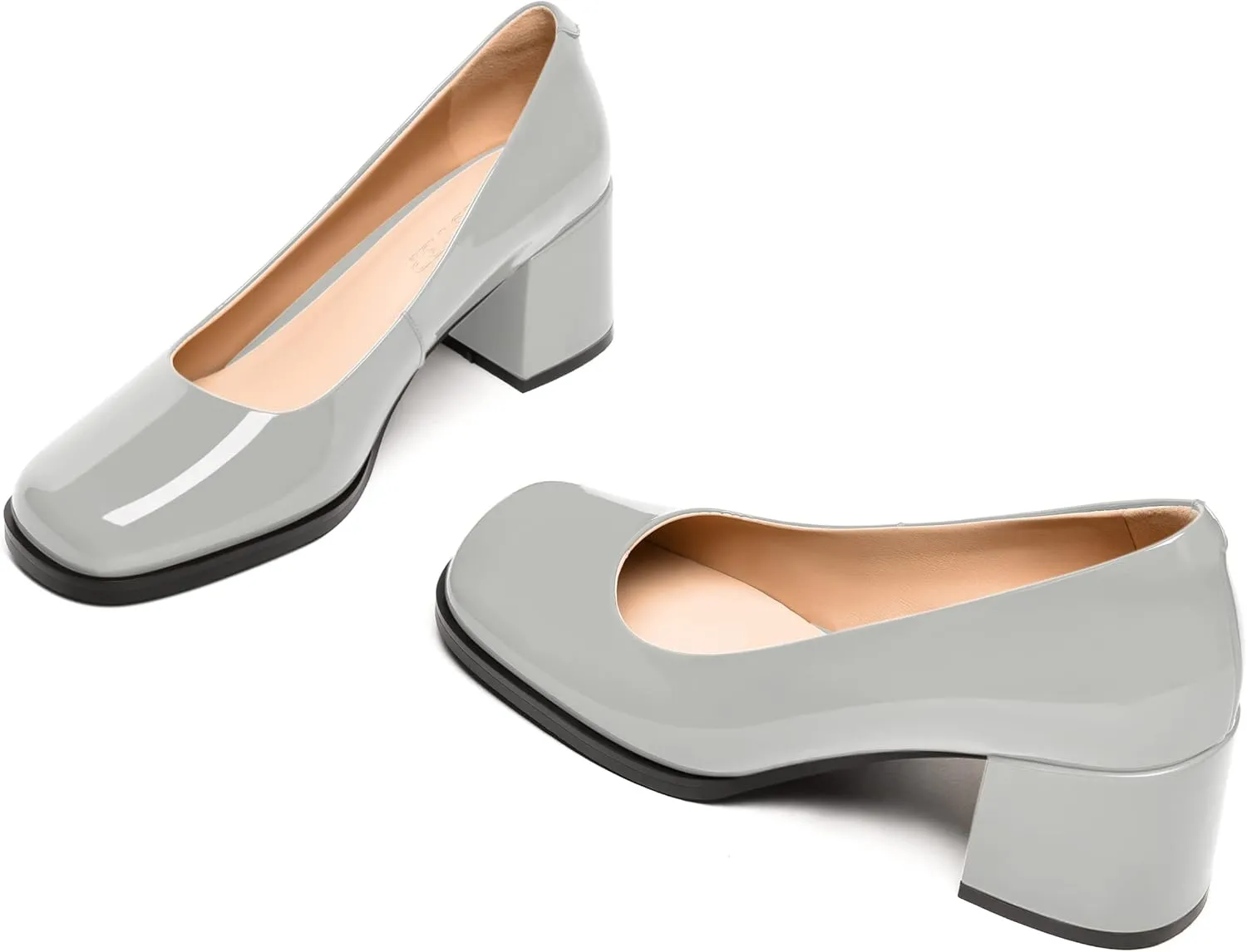 FEMSTEP Womens Patent Leather Slip On Dating Square Toe Cute Block Mid Heel Pumps Shoes 2.5 Inch