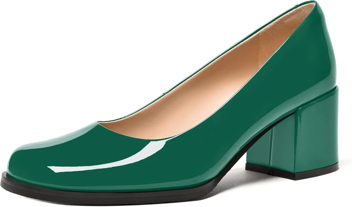 FEMSTEP Womens Patent Leather Slip On Dating Square Toe Cute Block Mid Heel Pumps Shoes 2.5 Inch