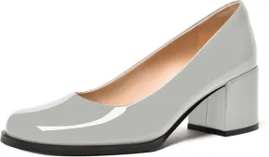 FEMSTEP Womens Patent Leather Slip On Dating Square Toe Cute Block Mid Heel Pumps Shoes 2.5 Inch
