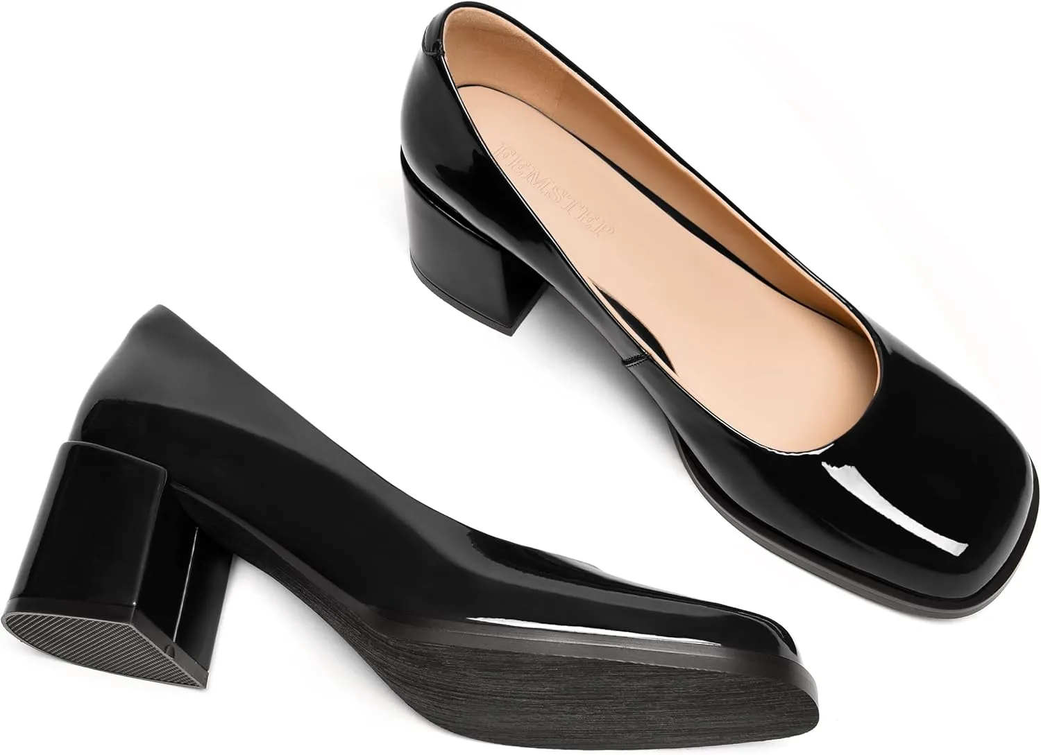 FEMSTEP Womens Patent Leather Slip On Dating Square Toe Cute Block Mid Heel Pumps Shoes 2.5 Inch