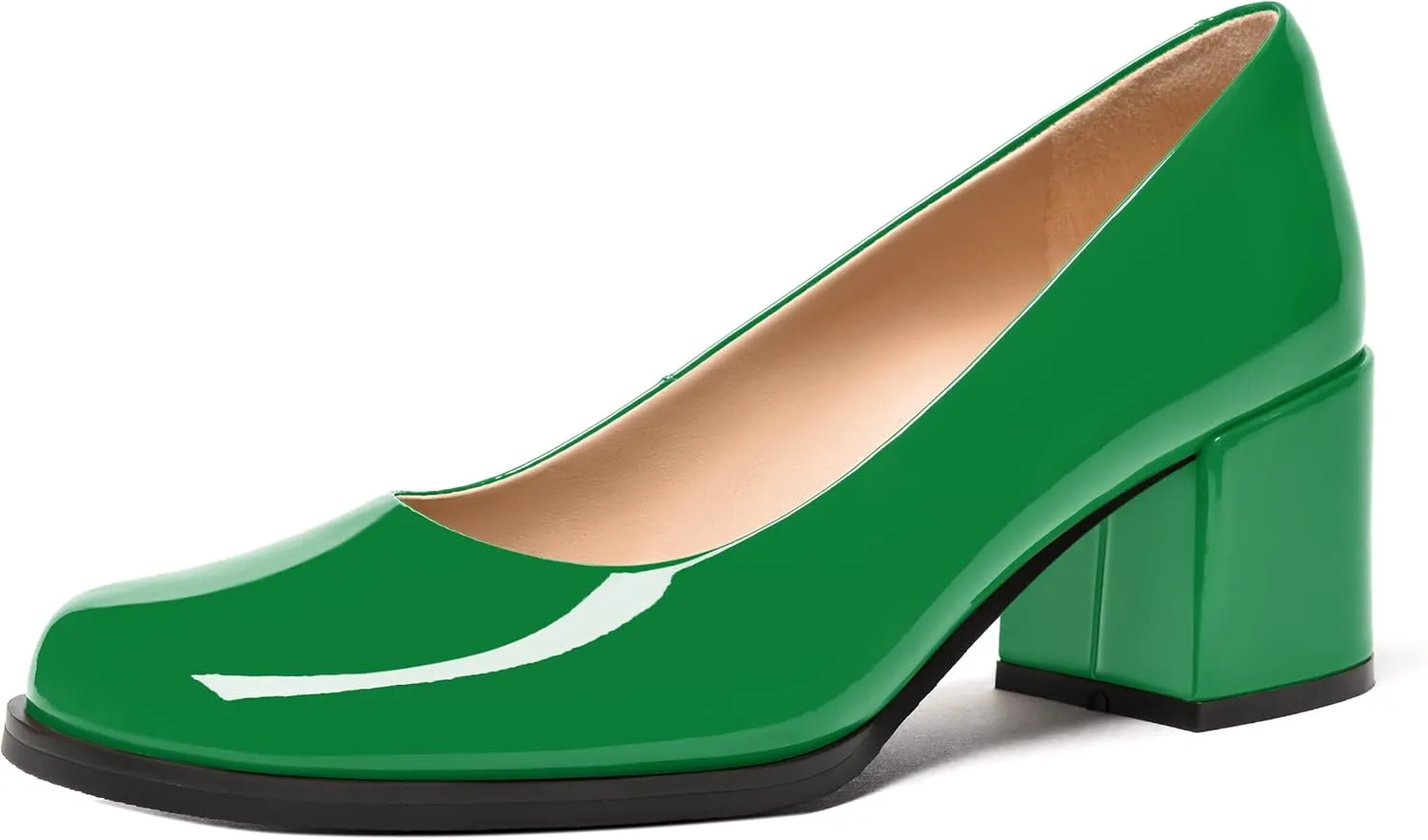FEMSTEP Womens Patent Leather Slip On Dating Square Toe Cute Block Mid Heel Pumps Shoes 2.5 Inch