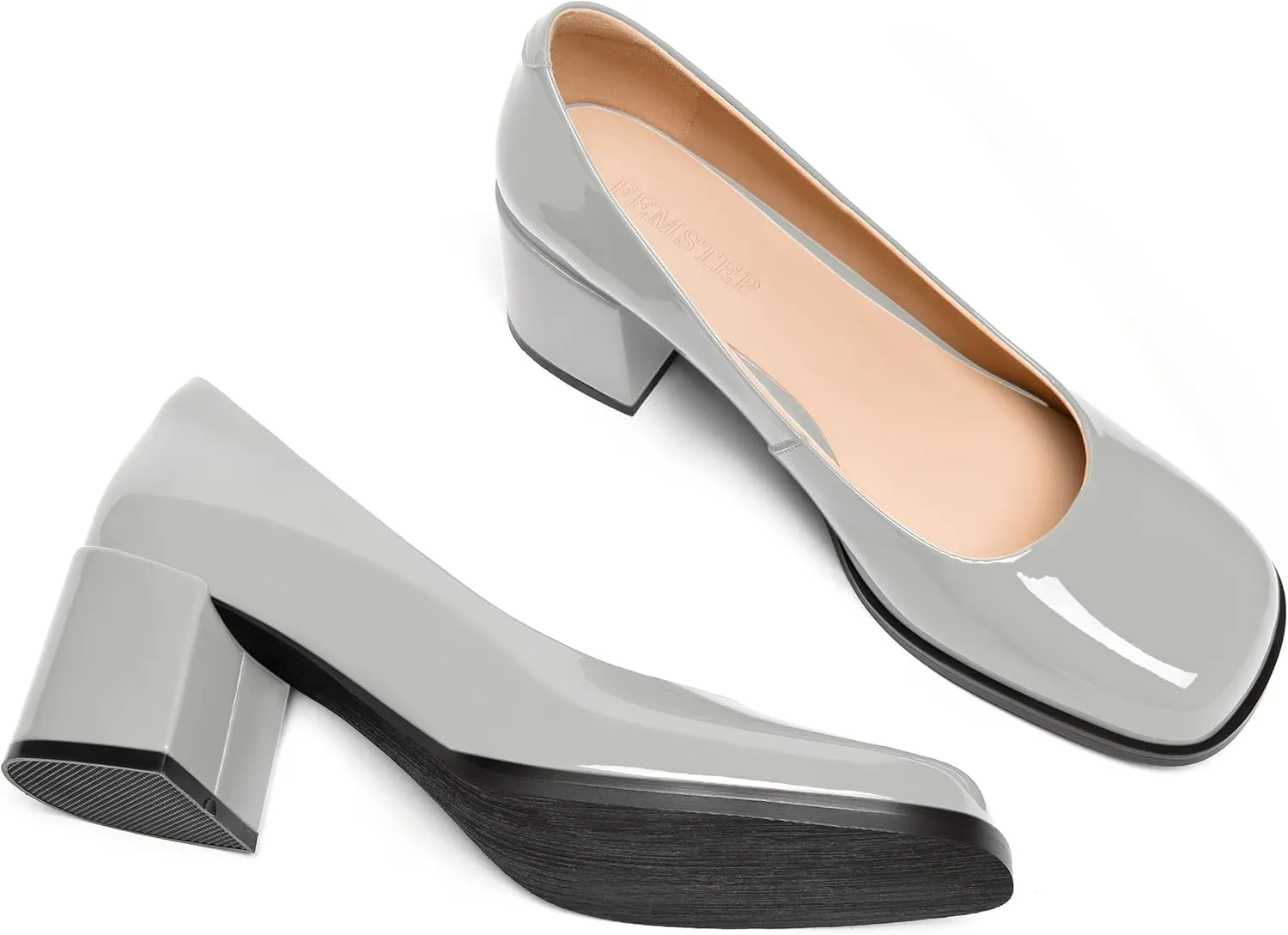 FEMSTEP Womens Patent Leather Slip On Dating Square Toe Cute Block Mid Heel Pumps Shoes 2.5 Inch