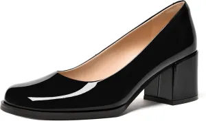 FEMSTEP Womens Patent Leather Slip On Dating Square Toe Cute Block Mid Heel Pumps Shoes 2.5 Inch