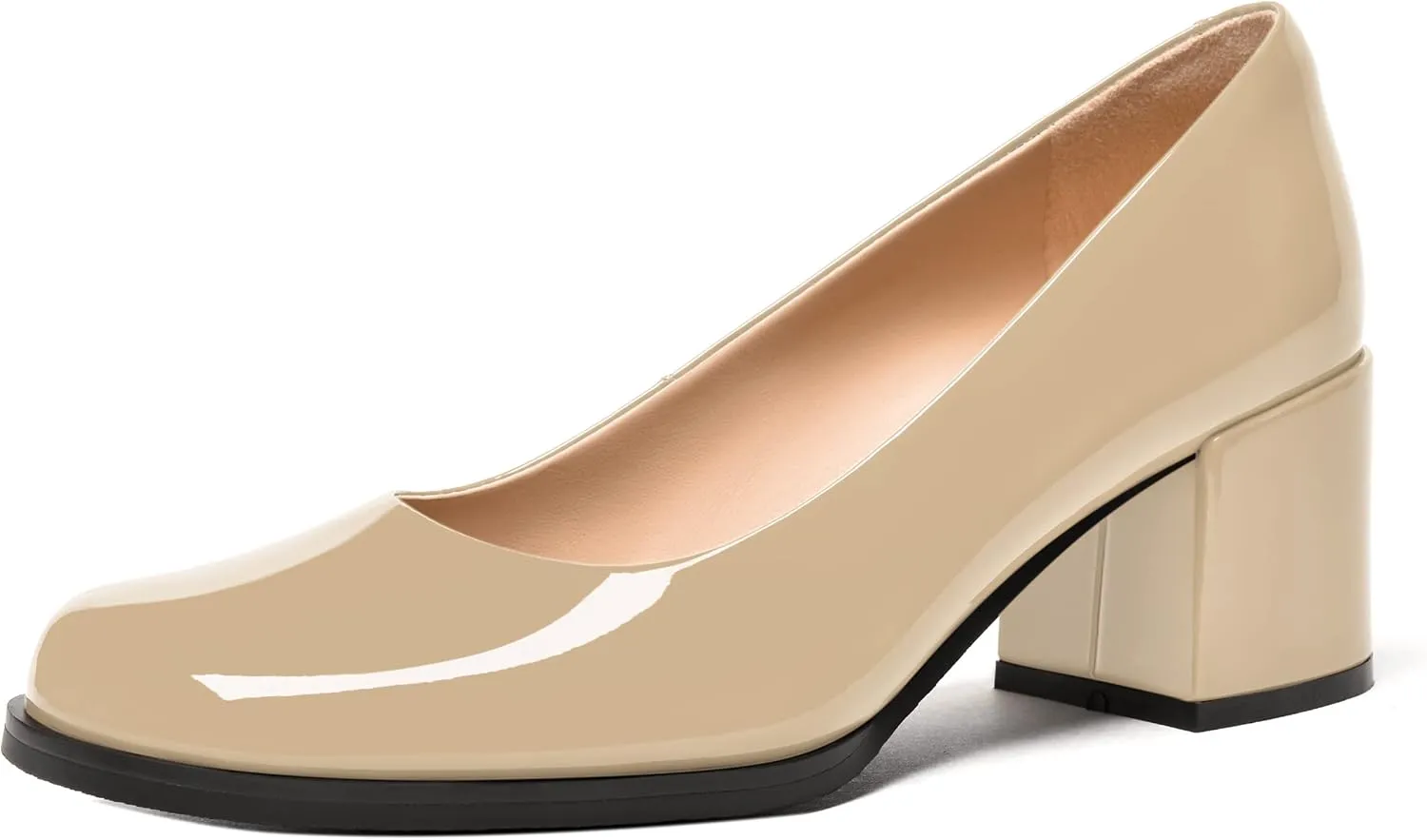 FEMSTEP Womens Patent Leather Slip On Dating Square Toe Cute Block Mid Heel Pumps Shoes 2.5 Inch