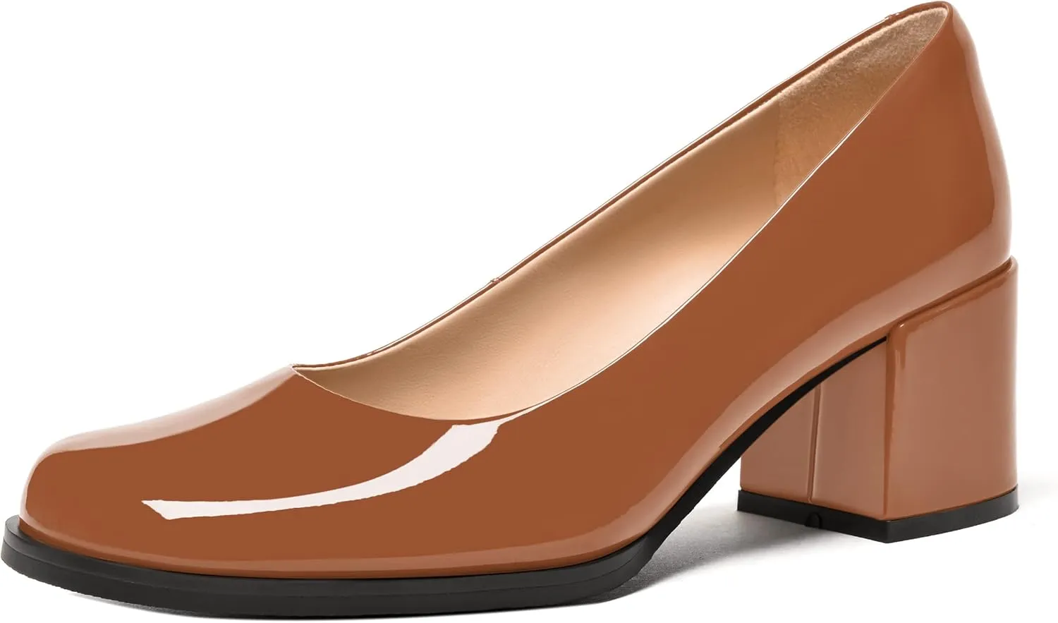 FEMSTEP Womens Patent Leather Slip On Dating Square Toe Cute Block Mid Heel Pumps Shoes 2.5 Inch