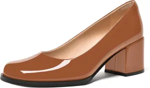 FEMSTEP Womens Patent Leather Slip On Dating Square Toe Cute Block Mid Heel Pumps Shoes 2.5 Inch