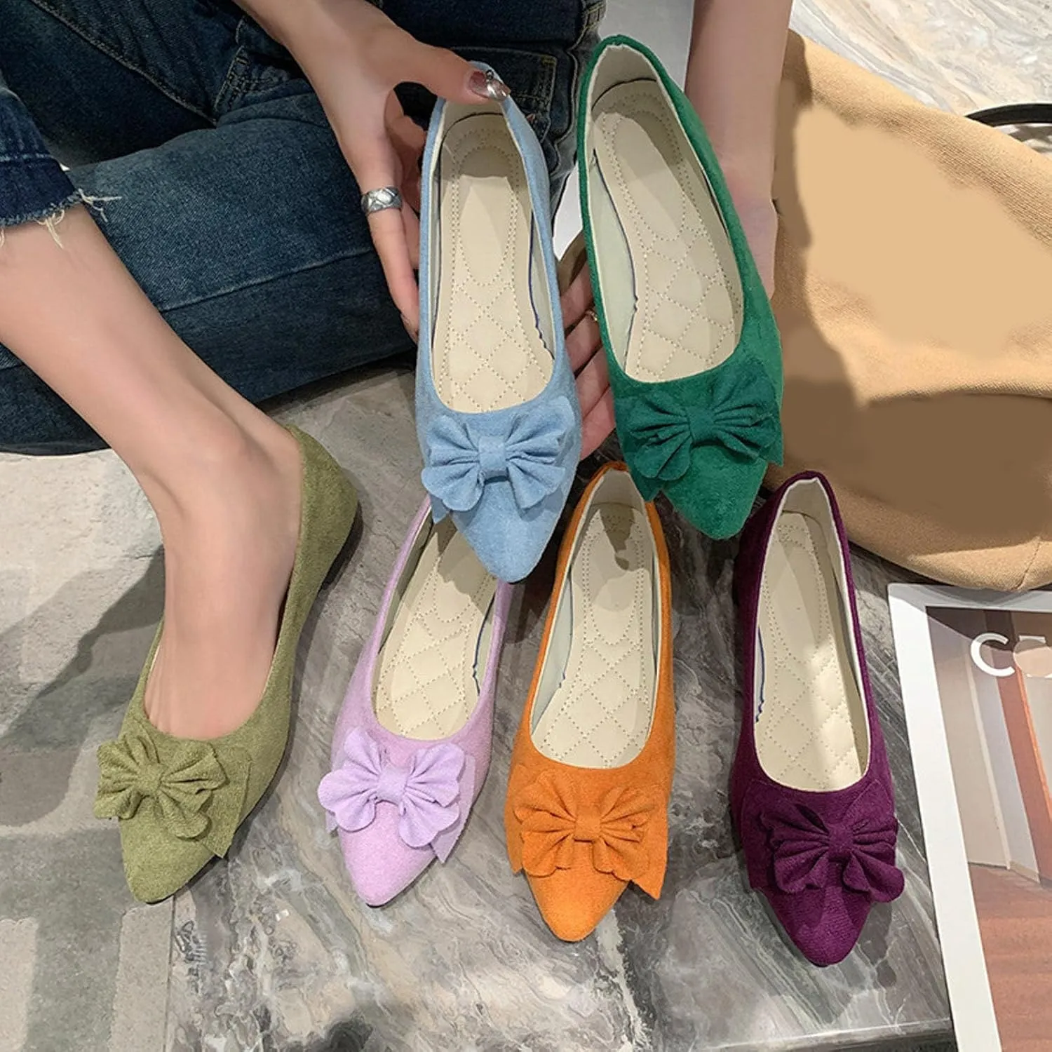 Flat Shoes for Women Dressy Comfortable Flat Mary Jane Shoe Womens Flats with Bowknot Pointed Toe Shoes for Women