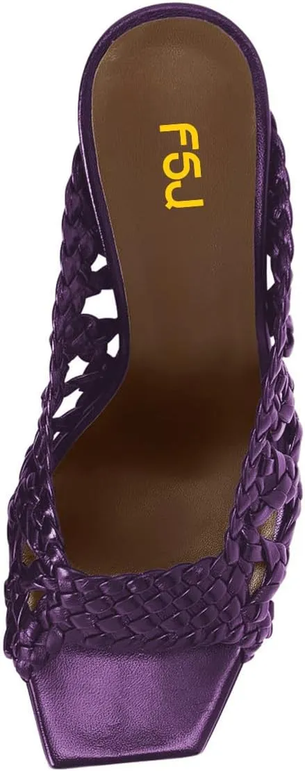 FSJ Women Braided Slip On Mules Square Open Toe Chunky Block Heels Comfortable Backless Heeled Sandals Casual Dressy Shoes Size 4-16 US