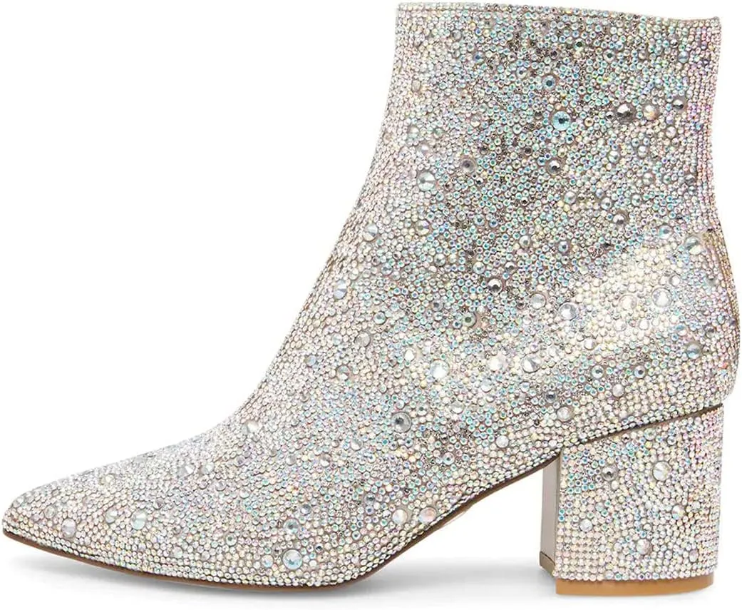 FSJ Women Crystal Ankle Boots Pointed Toe Low Chunky Block Heels Short Booties Side Zipper Comfy Sparkly Formal Dressy Shoes Size 4-15 US