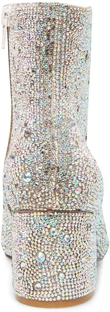FSJ Women Crystal Ankle Boots Pointed Toe Low Chunky Block Heels Short Booties Side Zipper Comfy Sparkly Formal Dressy Shoes Size 4-15 US