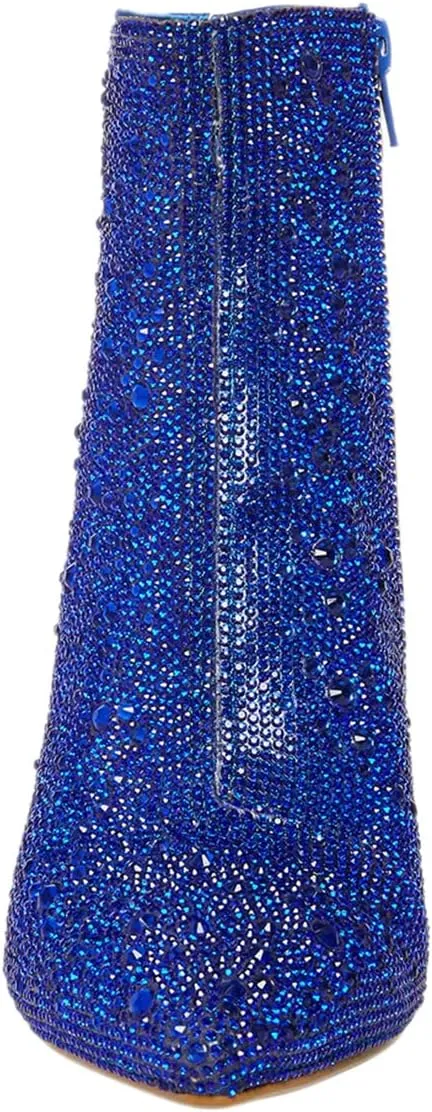 FSJ Women Crystal Ankle Boots Pointed Toe Low Chunky Block Heels Short Booties Side Zipper Comfy Sparkly Formal Dressy Shoes Size 4-15 US