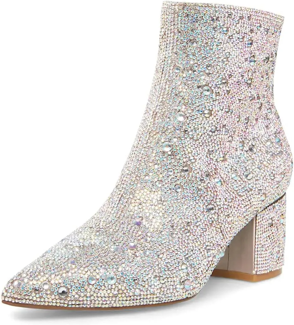 FSJ Women Crystal Ankle Boots Pointed Toe Low Chunky Block Heels Short Booties Side Zipper Comfy Sparkly Formal Dressy Shoes Size 4-15 US
