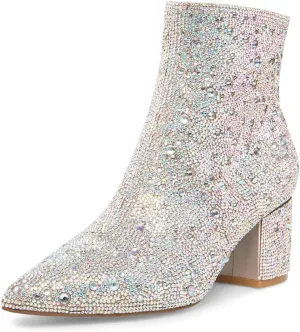 FSJ Women Crystal Ankle Boots Pointed Toe Low Chunky Block Heels Short Booties Side Zipper Comfy Sparkly Formal Dressy Shoes Size 4-15 US