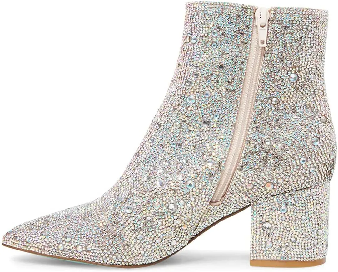 FSJ Women Crystal Ankle Boots Pointed Toe Low Chunky Block Heels Short Booties Side Zipper Comfy Sparkly Formal Dressy Shoes Size 4-15 US