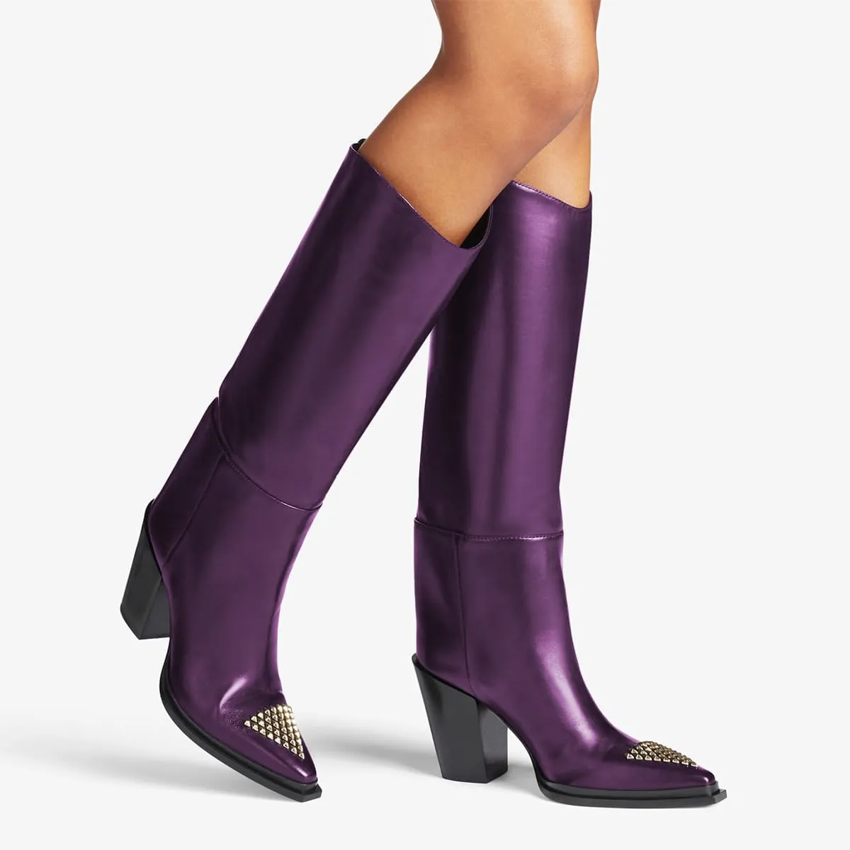 FSJ Women Knee High Boots Triangle Gold Rivets Studs Pointed Toe Chunky Block Heels Sleek Leather Pull On Comfort Casual Wear Shoes Size 4-16 US