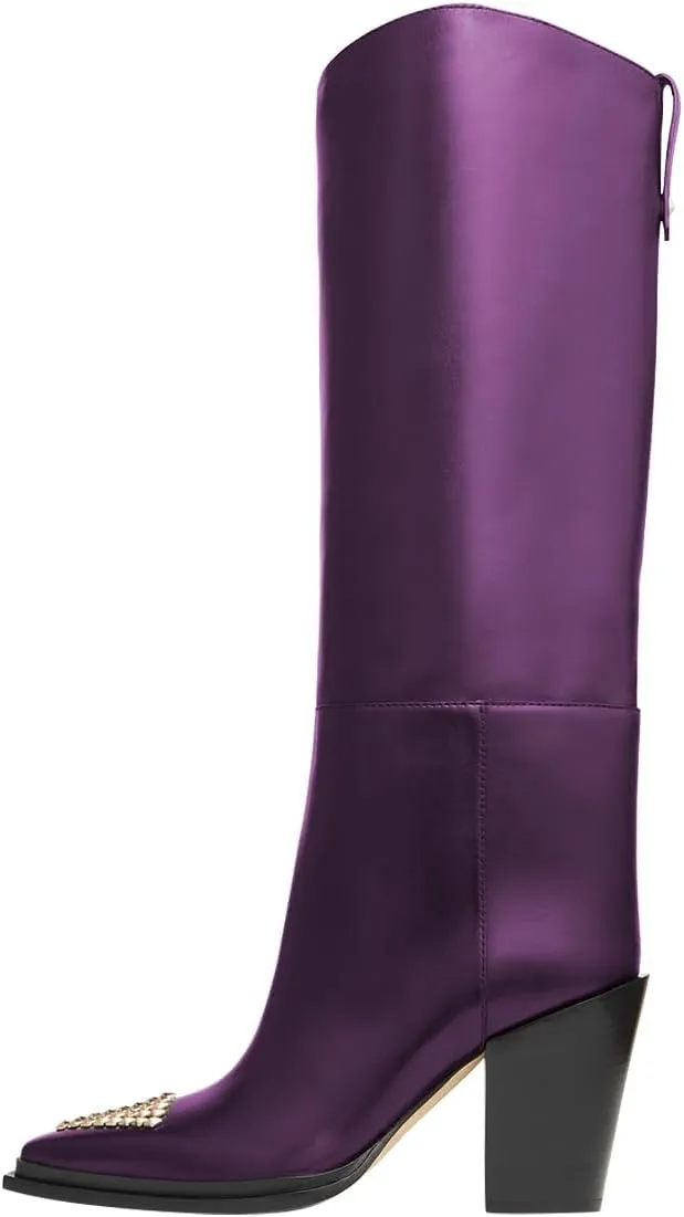 FSJ Women Knee High Boots Triangle Gold Rivets Studs Pointed Toe Chunky Block Heels Sleek Leather Pull On Comfort Casual Wear Shoes Size 4-16 US