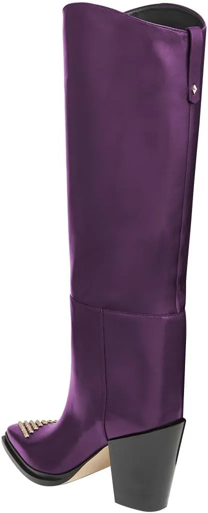 FSJ Women Knee High Boots Triangle Gold Rivets Studs Pointed Toe Chunky Block Heels Sleek Leather Pull On Comfort Casual Wear Shoes Size 4-16 US