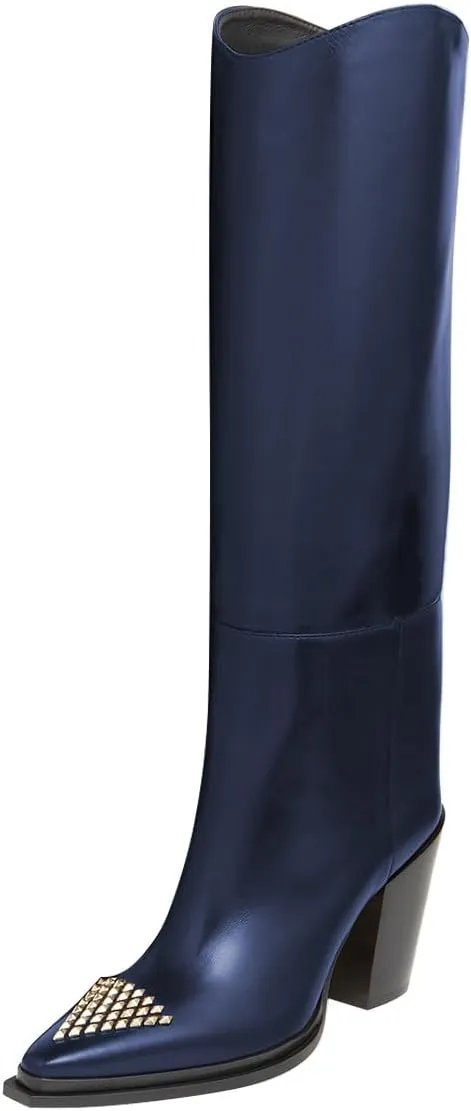 FSJ Women Knee High Boots Triangle Gold Rivets Studs Pointed Toe Chunky Block Heels Sleek Leather Pull On Comfort Casual Wear Shoes Size 4-16 US
