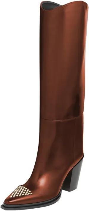 FSJ Women Knee High Boots Triangle Gold Rivets Studs Pointed Toe Chunky Block Heels Sleek Leather Pull On Comfort Casual Wear Shoes Size 4-16 US