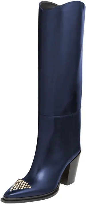 FSJ Women Knee High Boots Triangle Gold Rivets Studs Pointed Toe Chunky Block Heels Sleek Leather Pull On Comfort Casual Wear Shoes Size 4-16 US