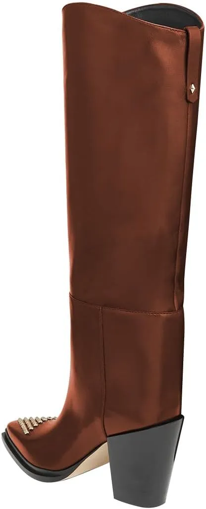 FSJ Women Knee High Boots Triangle Gold Rivets Studs Pointed Toe Chunky Block Heels Sleek Leather Pull On Comfort Casual Wear Shoes Size 4-16 US