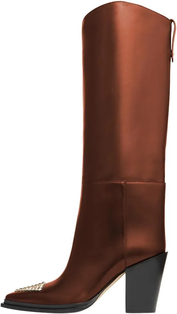FSJ Women Knee High Boots Triangle Gold Rivets Studs Pointed Toe Chunky Block Heels Sleek Leather Pull On Comfort Casual Wear Shoes Size 4-16 US