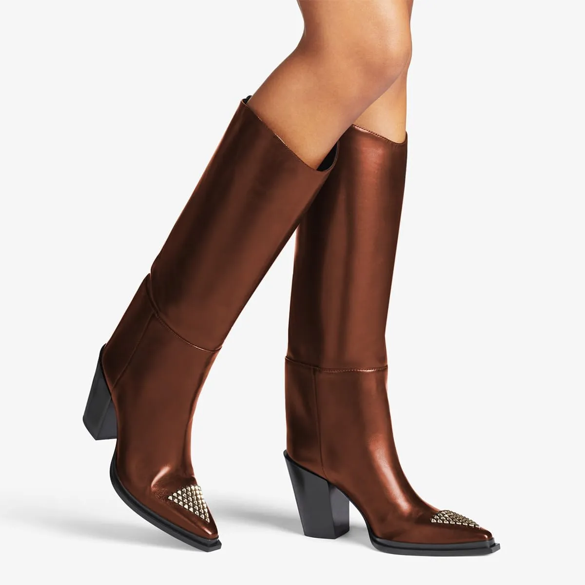 FSJ Women Knee High Boots Triangle Gold Rivets Studs Pointed Toe Chunky Block Heels Sleek Leather Pull On Comfort Casual Wear Shoes Size 4-16 US