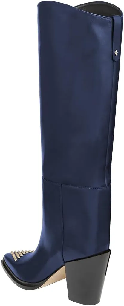 FSJ Women Knee High Boots Triangle Gold Rivets Studs Pointed Toe Chunky Block Heels Sleek Leather Pull On Comfort Casual Wear Shoes Size 4-16 US