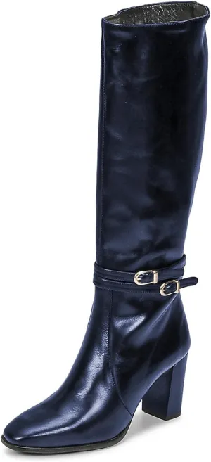 FSJ Women Knee High Boots with Buckled Strap Chunky Block Heels Square Toe Side Zipper Comfort Casual Wear Shoes Size 4-16 US