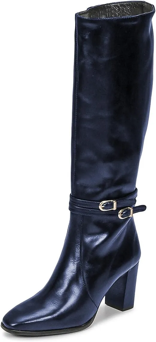 FSJ Women Knee High Boots with Buckled Strap Chunky Block Heels Square Toe Side Zipper Comfort Casual Wear Shoes Size 4-16 US