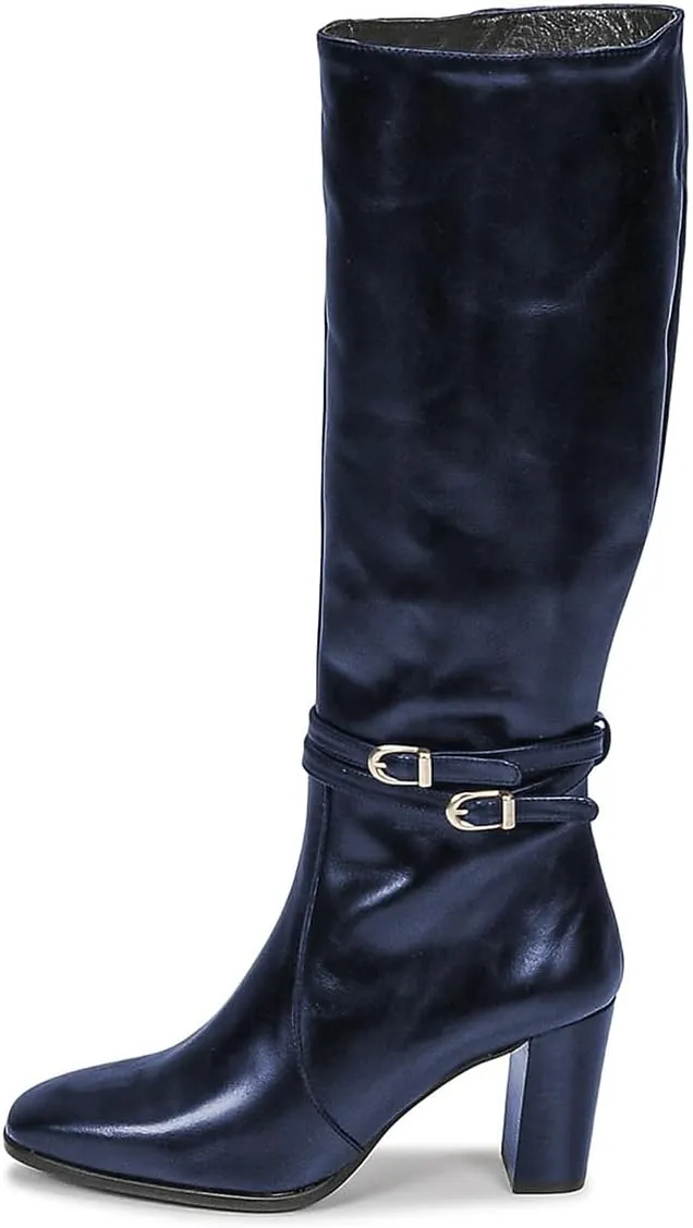 FSJ Women Knee High Boots with Buckled Strap Chunky Block Heels Square Toe Side Zipper Comfort Casual Wear Shoes Size 4-16 US
