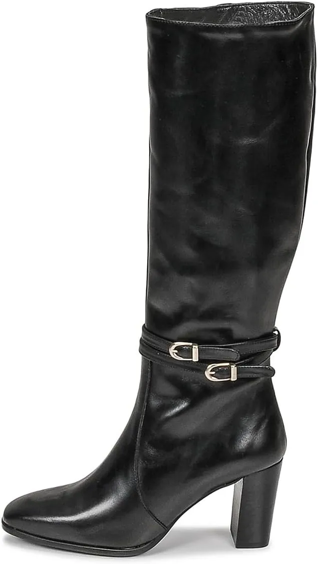 FSJ Women Knee High Boots with Buckled Strap Chunky Block Heels Square Toe Side Zipper Comfort Casual Wear Shoes Size 4-16 US