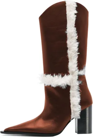 FSJ Women Pointed Toe Faux Fur Lined Knee High Boots Chunky Block Heels Tall Boots Comfortable Party Date Evening Shoes Size 4-16 US